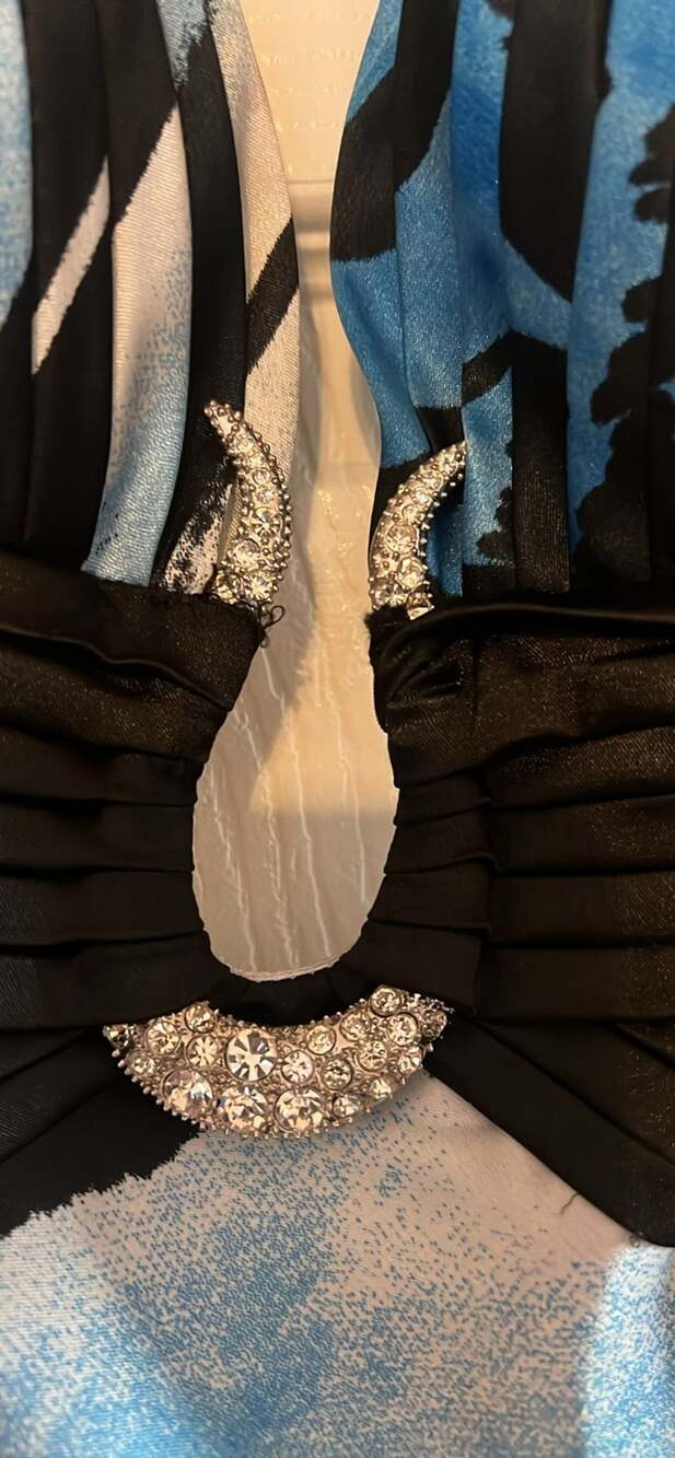 Cache Zebra Print Maxi Dress Size XS Blue Black Halter Rhinestone - Picture 5 of 6